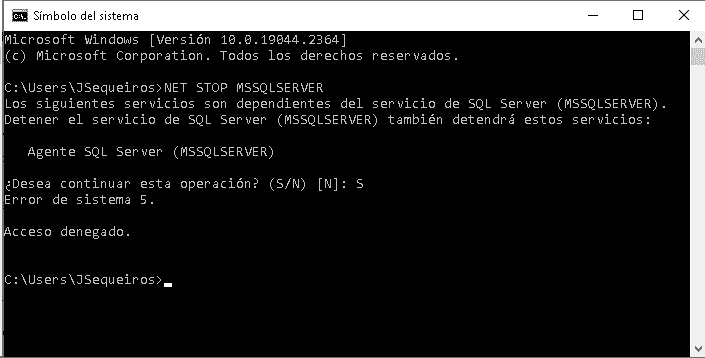 Ejecutar comando para detener el servicio de SQL Server NET STOP MSSQLSERVER, Error de sistema 5. Ejecutar comando para detener el servicio de SQL Server NET STOP MSSQLSERVER, Error de sistema 5.