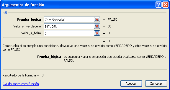 Ventana para insertar la funcion SI, ejercicio práctico 05