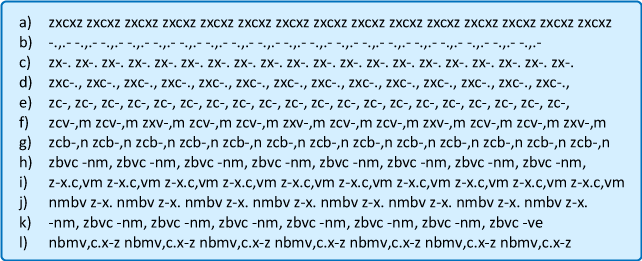 Ejercicios de afianzamiento con la fila inferior para aprender a escribir con los diez dedos
