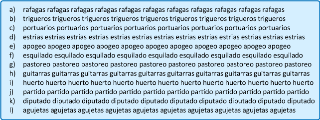 Ejercicios de palabras con las filas básica y superior para aprender a escribir con los diez dedos