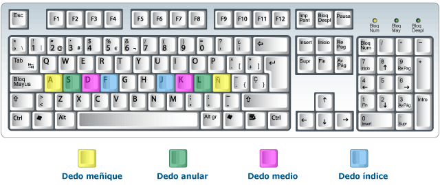Ubicación de los dedos para tipear