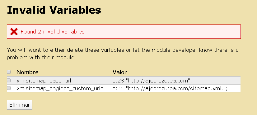 Verificar los resultados del modulo Variable Check de Drupal