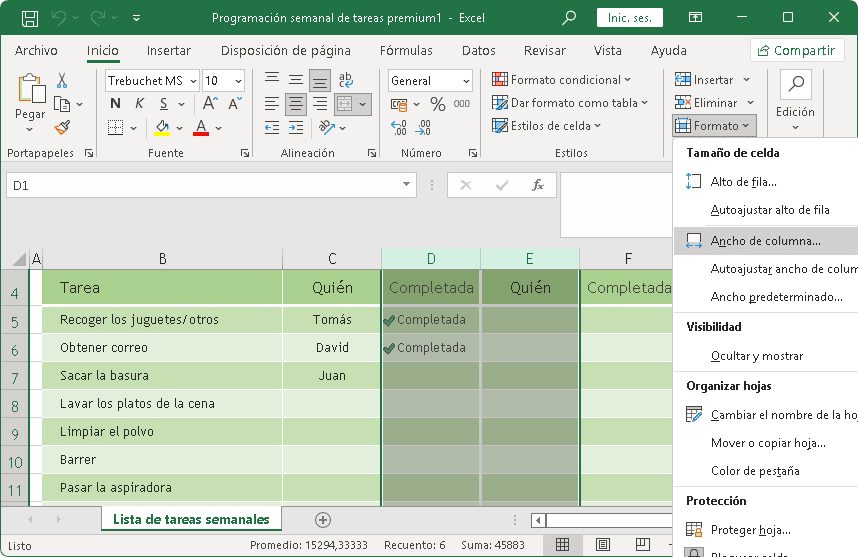Ajustar el ancho de columnas de Excel
