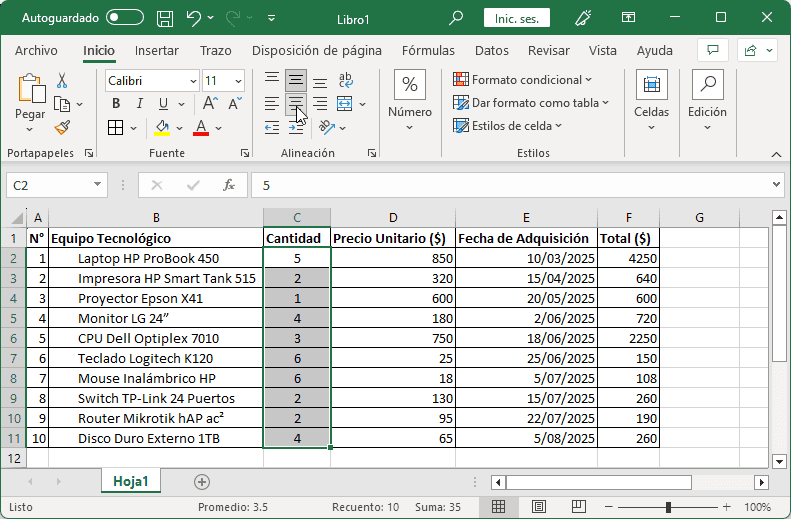 Alinear texto horizontal y verticalmente en Excel