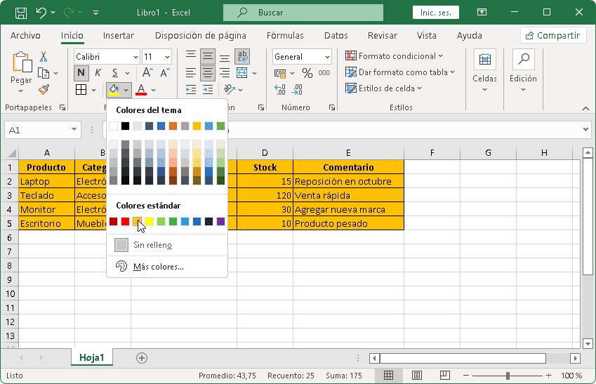 Cambiar fondo de color en Excel utilizando cinta de opciones