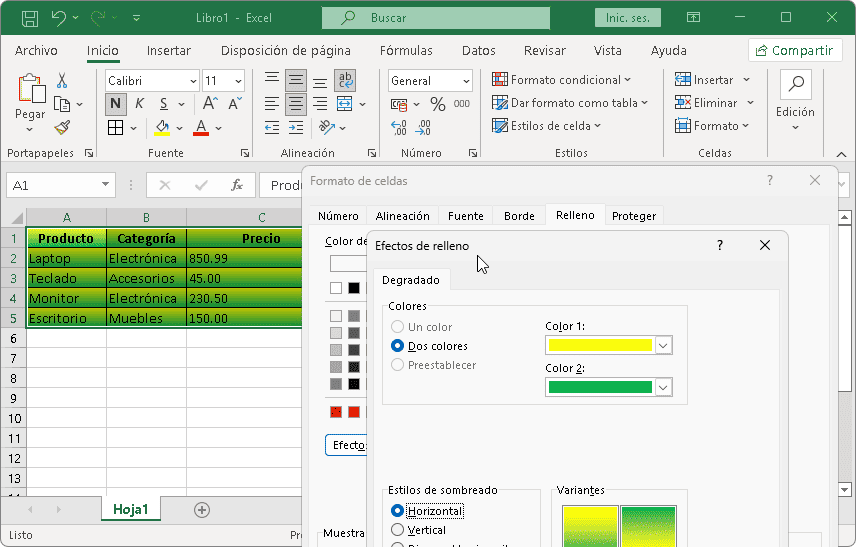 Cambiar fondo de color en Excel con relleno degrado