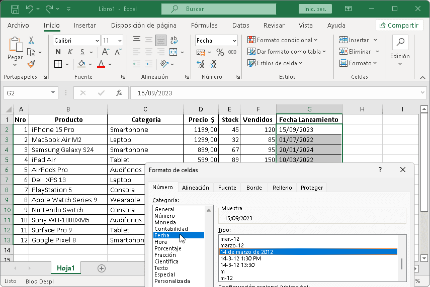Dar formato a fecha en Excel