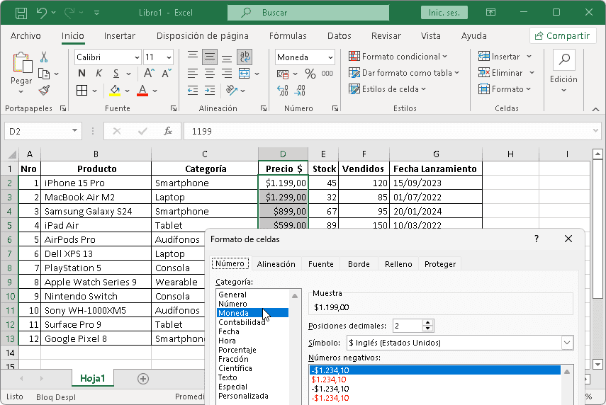 Dar formato a moneda en Excel
