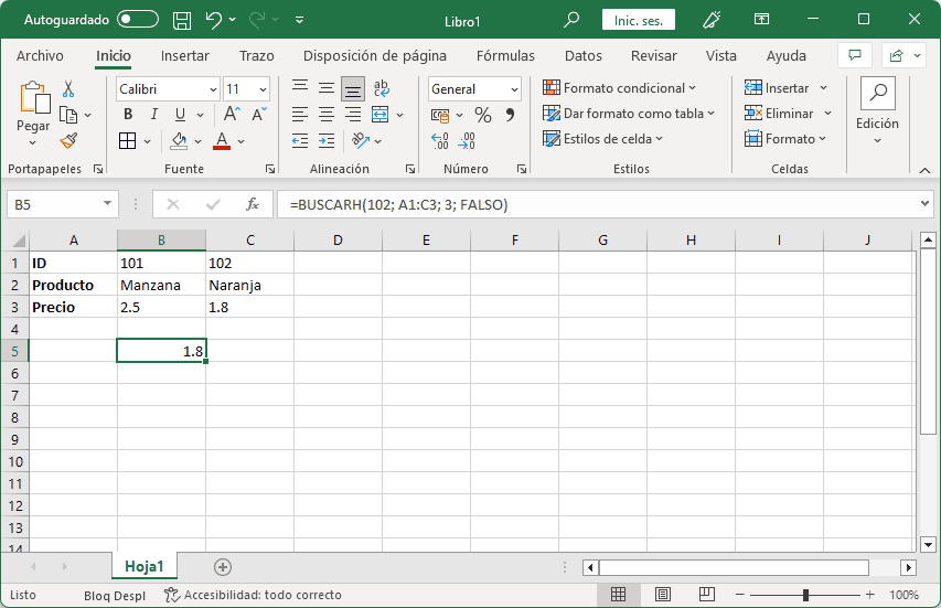 Ejemplo con BUSCARH en Excel(Datos organizados en filas)