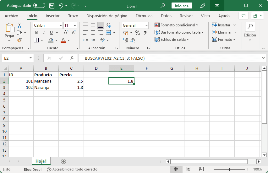 Ejemplo con BUSCARV en Excel(Datos organizados en columnas)