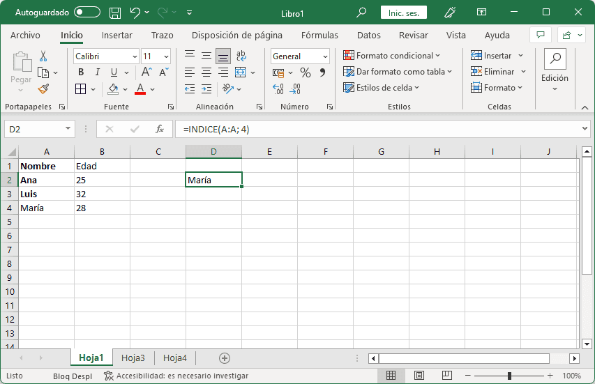 ¿Cómo se usa la función ÍNDICE en Excel en columna?