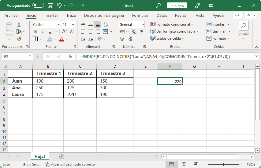 Combinar funciones INDICE y COINCIDIR en Excel