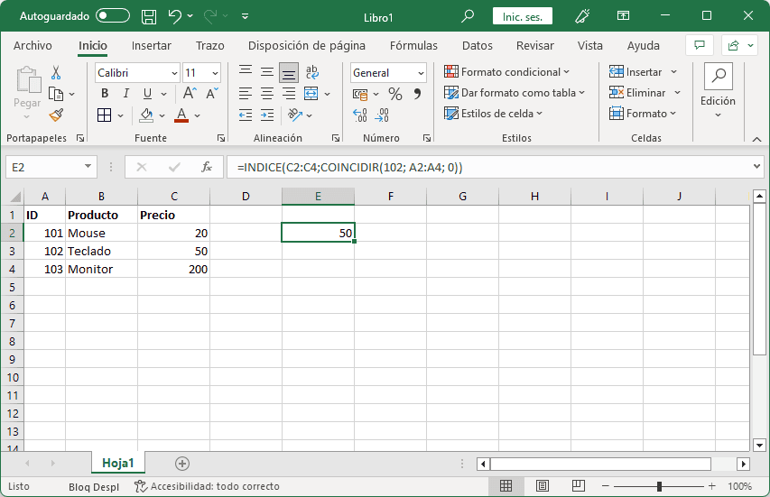 Combinar funciones INDICE y COINCIDIR en Excel