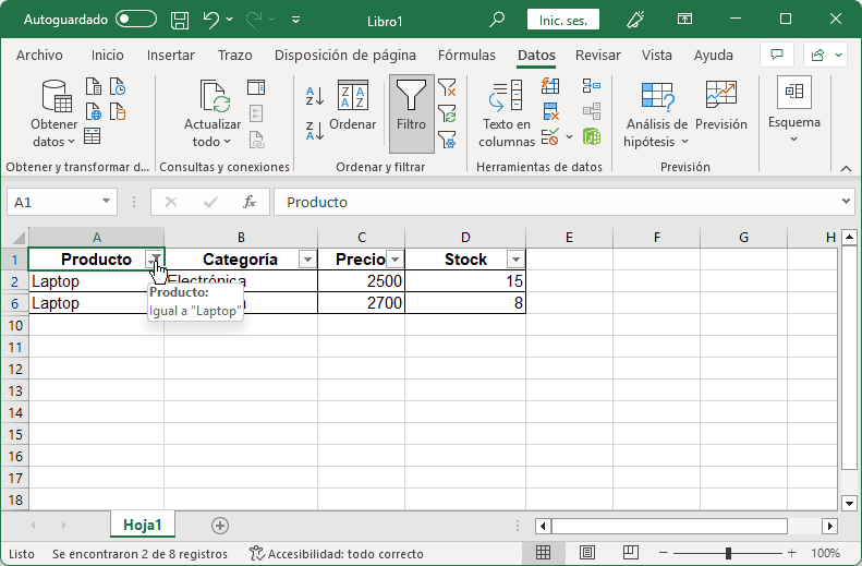 Ejemplo de filtrar por valores específicos en Excel 