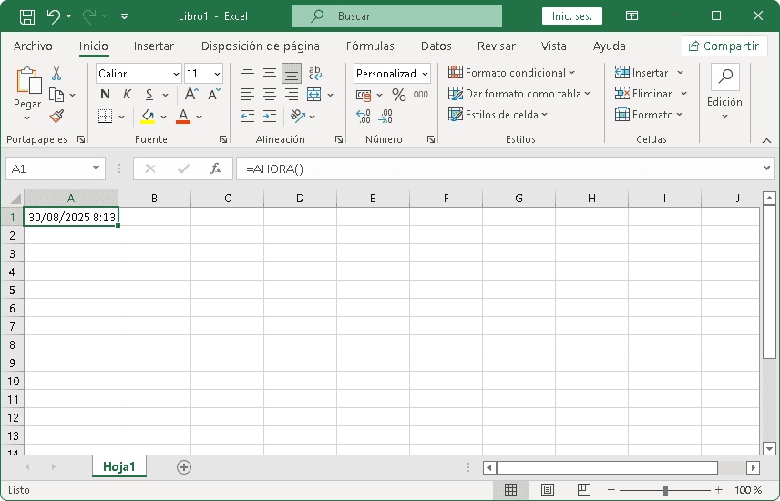 Función AHORA en Excel