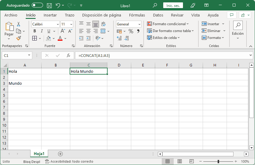 Ejemplo de la función CONCAT en Excel