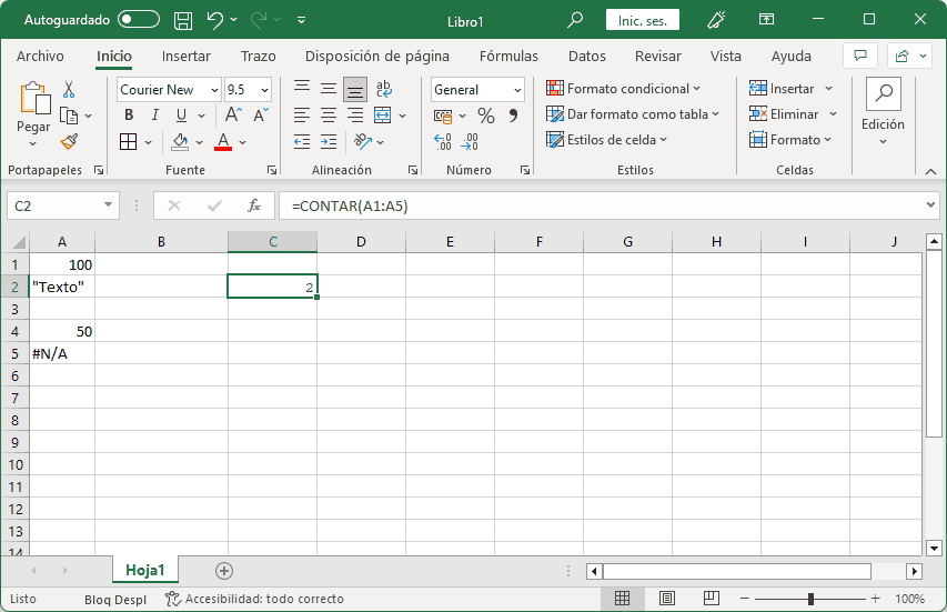 Uso de la función CONTAR en Excel