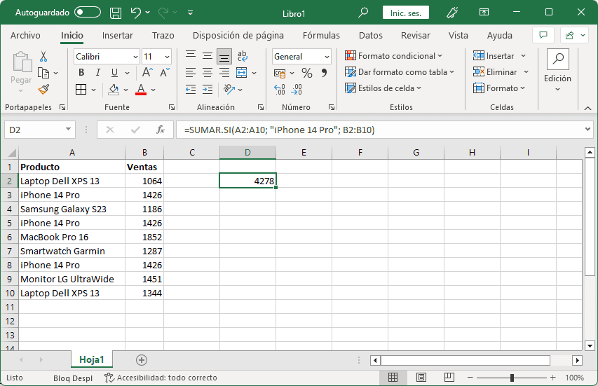 Ejemplo de la función SUMAR.SI en Excel