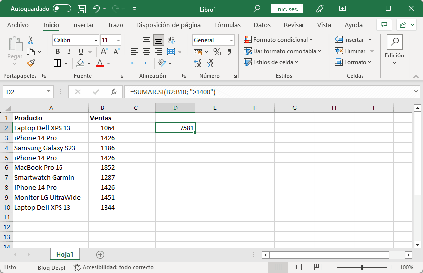 Ejemplo de la función SUMAR.SI en Excel