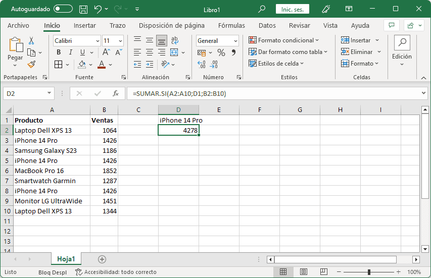Ejemplo de la función SUMAR.SI en Excel