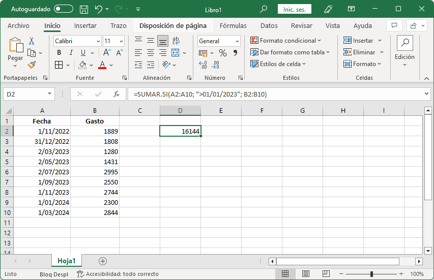 Ejemplo de la función SUMAR.SI en Excel