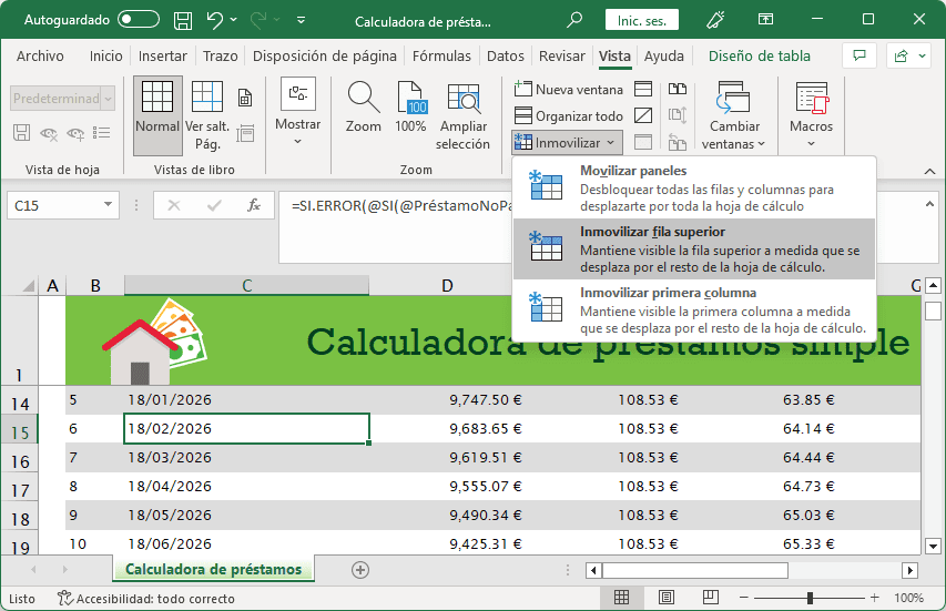 Inmovilizar fila superior (encabezados)