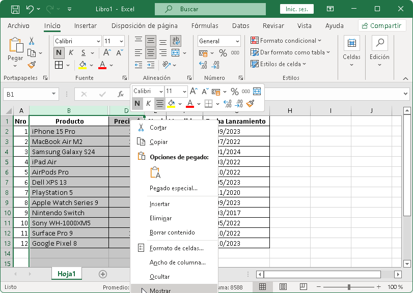 Mostrar filas y columnas en Excel
