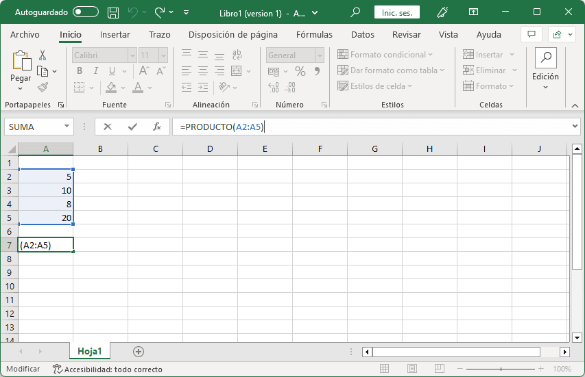 Función PRODUCTO en Excel para múltiples valores.