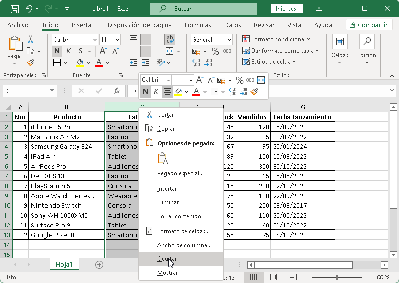 Ocultar filas y columnas en Excel