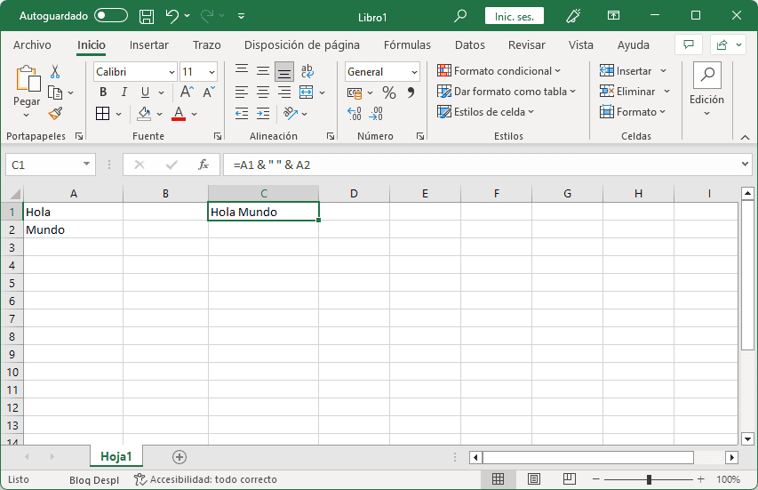 Ejemplo del operador & en Excel