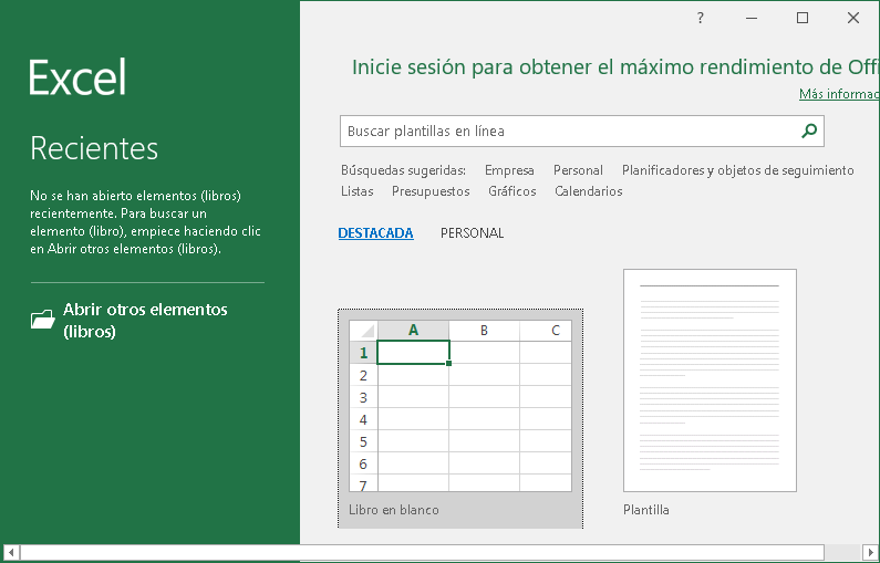Pantalla de inicio de Excel 2016