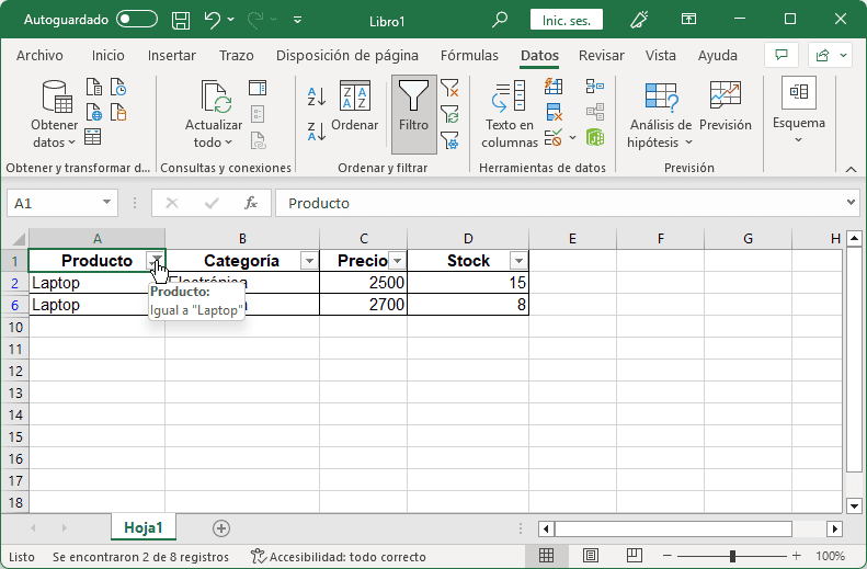 Quitar filtro en Excel