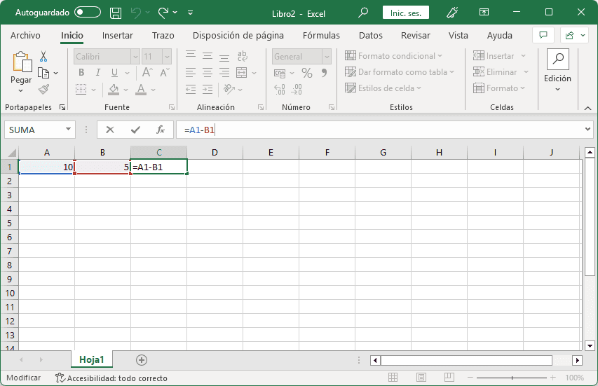 Restar valores de celdas en Excel