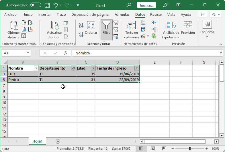 Resultados de aplicar filtros a una tabla en Excel