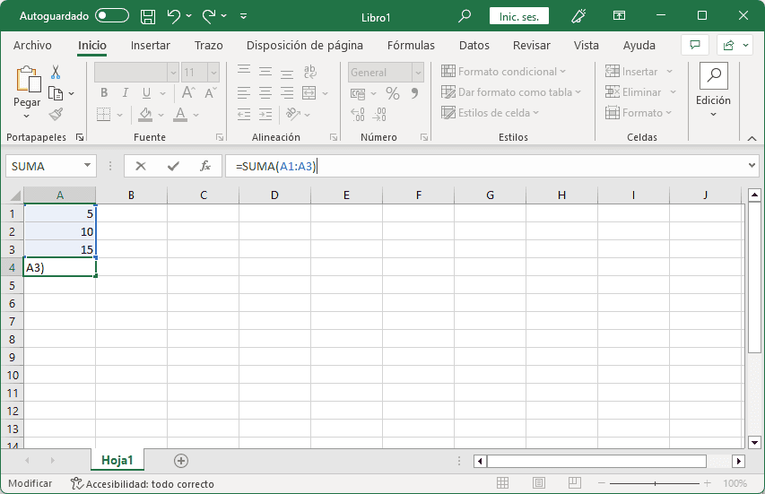 Inserta la función SUMA en Excel de forma manual.