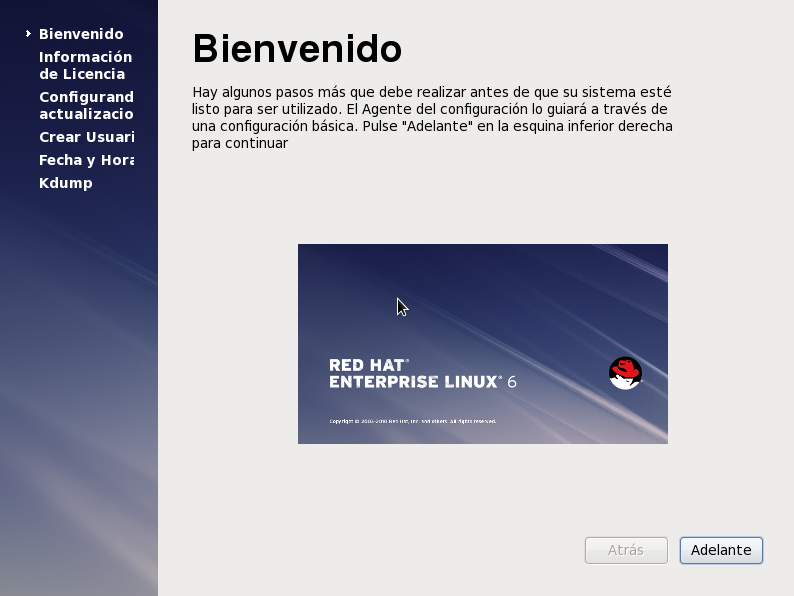 Pantalla de bienvenida configuración post instalación