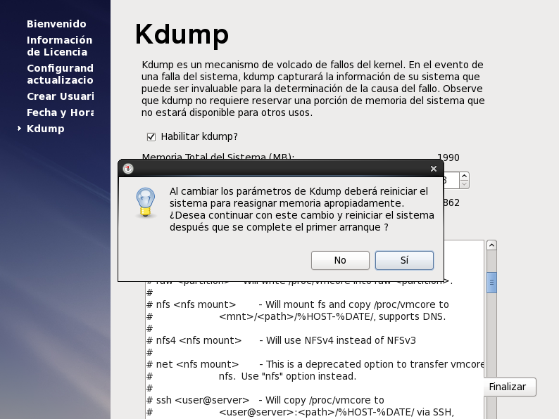Finalizar reiniciar KDUMP sistema