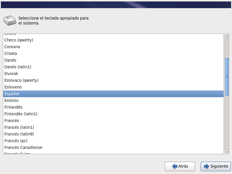 Selección del teclado para la instalación