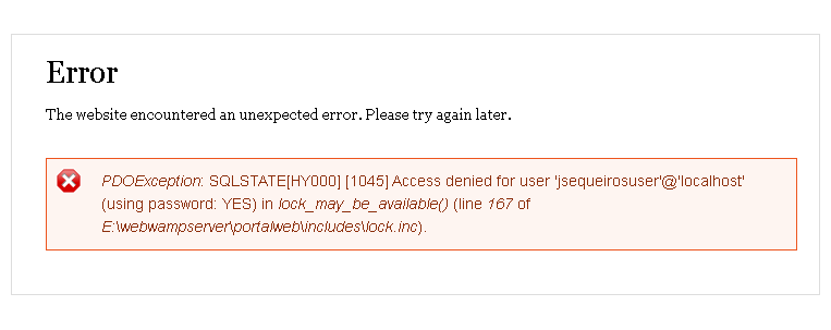 Error messagePDOException: SQLSTATE[HY000] [1045] Access denied for user