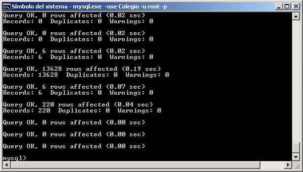 Resultados al ejecutar un archivo grande SQL en MySQL