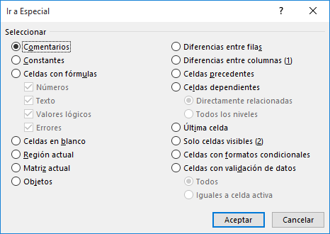 Cuadro de diálogo Ir a... especial en Excel 2016
