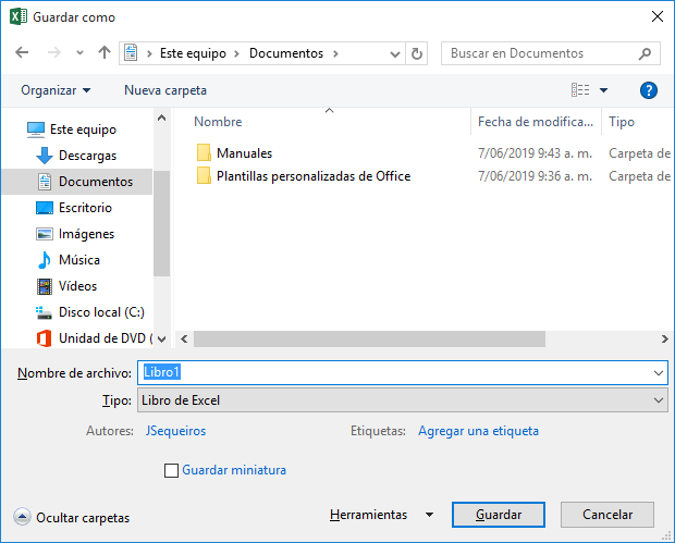 Guardar un libro Excel 2016