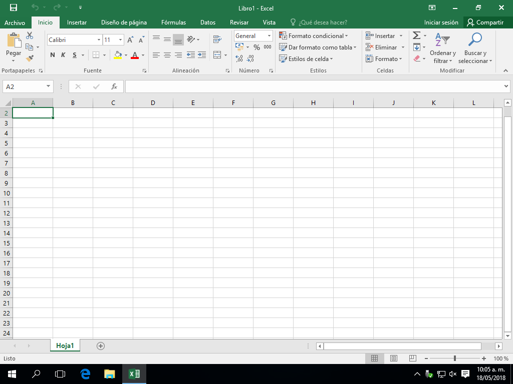 Pantalla Excel 2016
