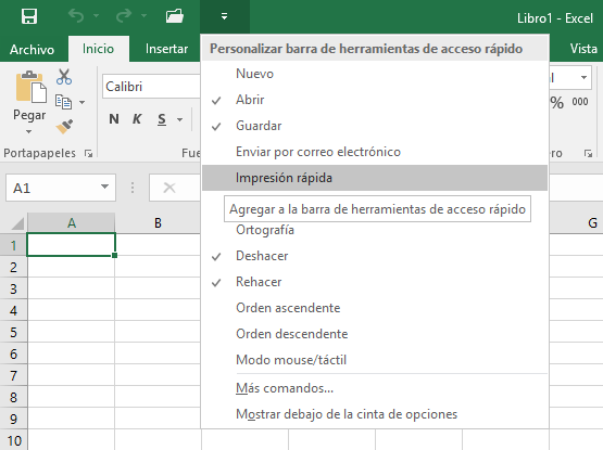 Herramientas en pantalla de Excel 2016
