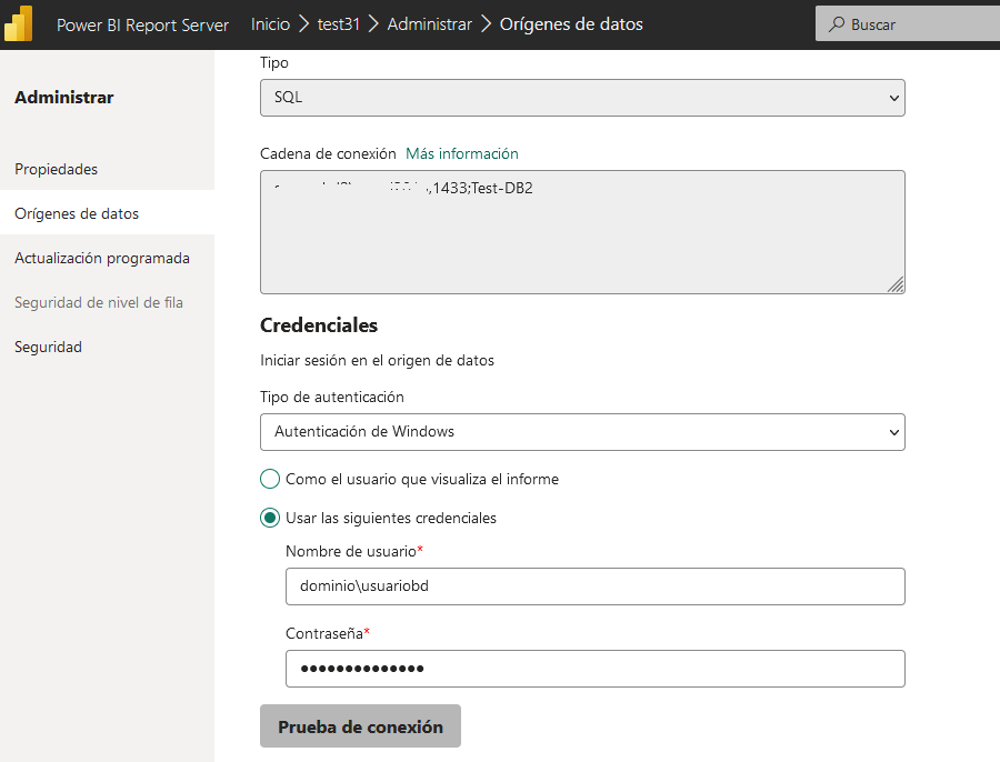 En la página de Orígenes de datos, seleccionar el usuario y contraseña