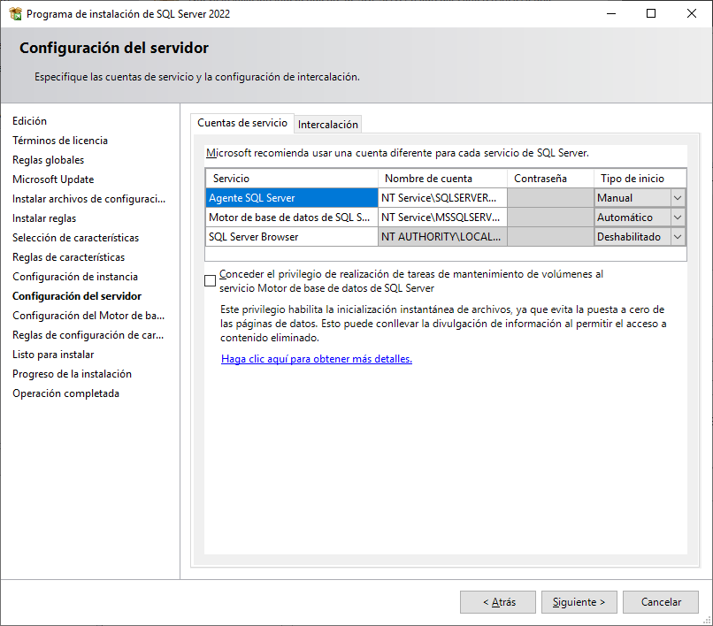 Configuración del servidor de SQL Server 2022