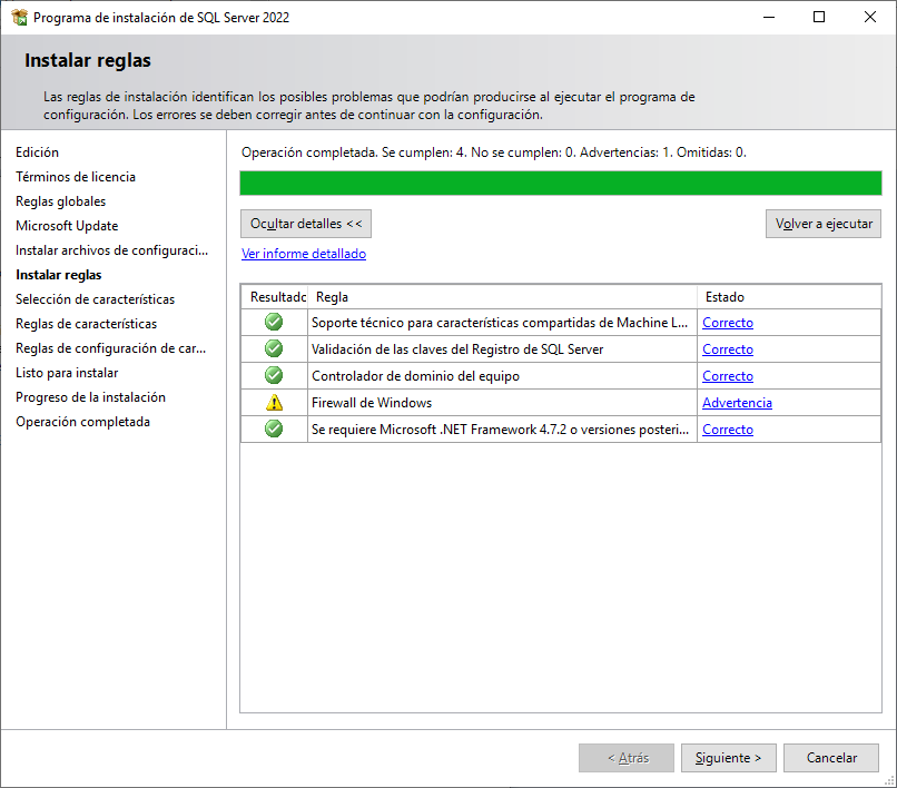 Instalar reglas de SQL Server 2022