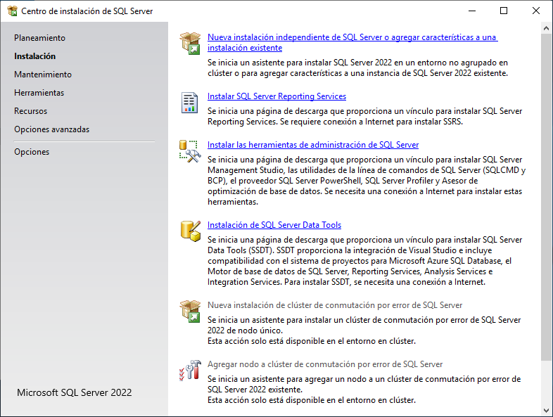 Nueva instalación independiente de SQL server 2022
