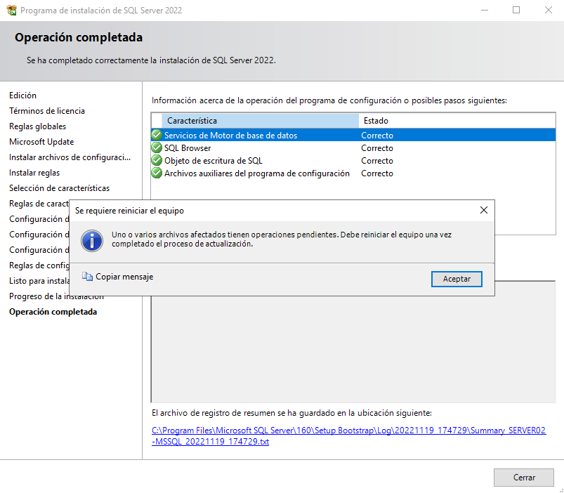 Instalación completada de SQL Server 2022