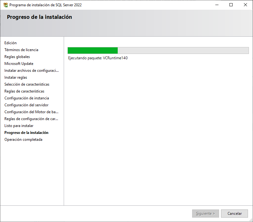 Progreso de la instalación de SQL Server 2022